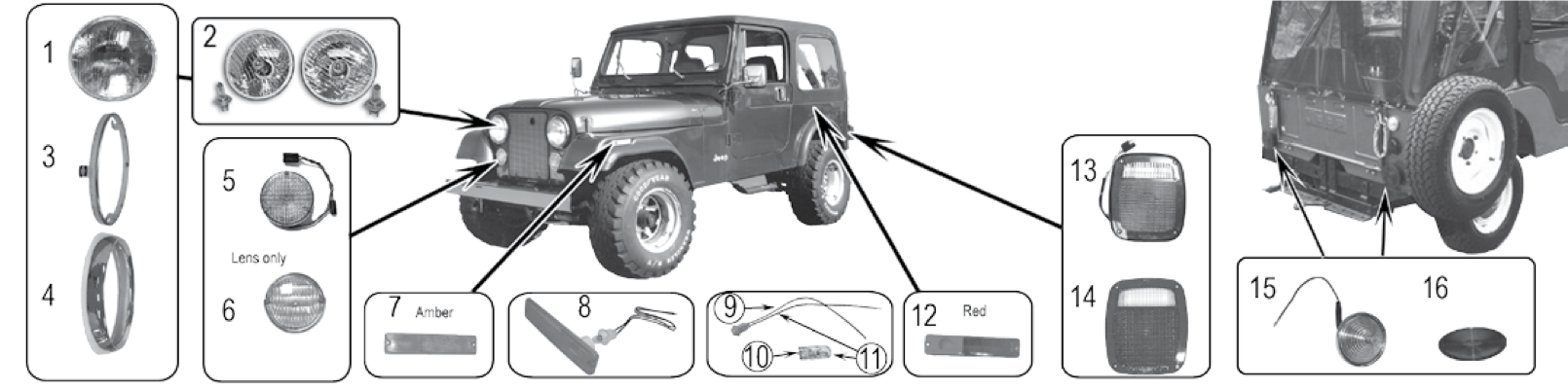 Headlamps, parking lights, and side markers. Numbered callouts match the table below.
