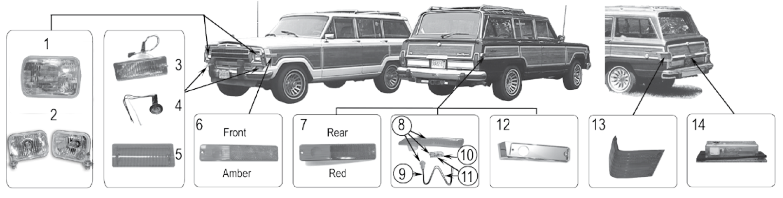SJ and J-Series lamps and side markers. Numbered callouts match the table below.