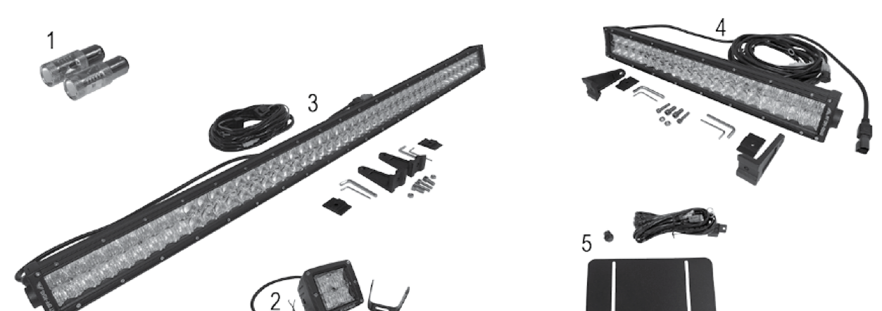 Universal LED bulbs and light bars. Numbered callouts match the table below.