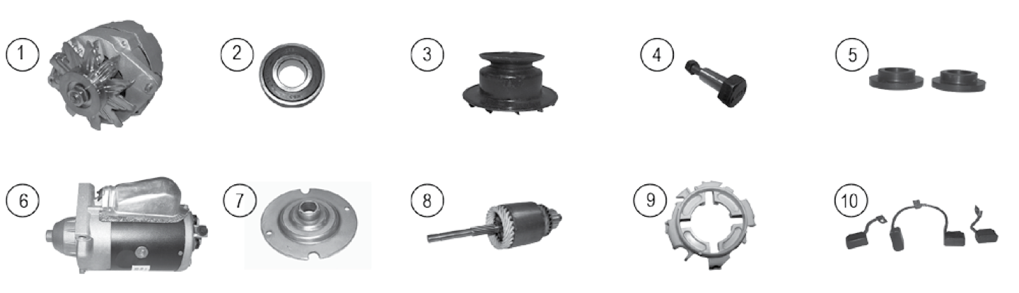 Alternators, generators, and starter parts. Numbered callouts match the table below.