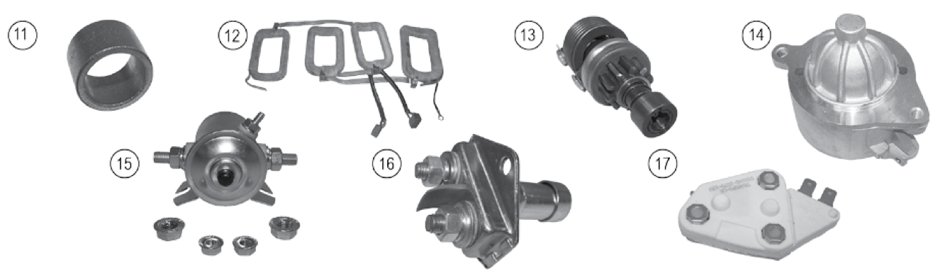 Starter coils, drives, solenoids, and regulators. Numbered callouts match the table below.