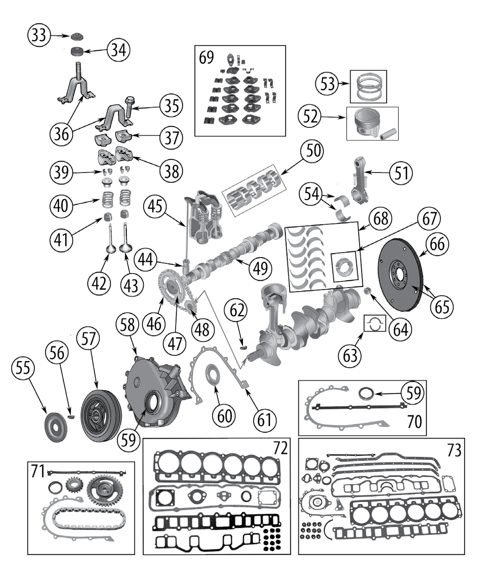 Valvetrain, crankshaft, and timing parts for the 3.8L and 4.2L six. Numbered callouts match the table below.