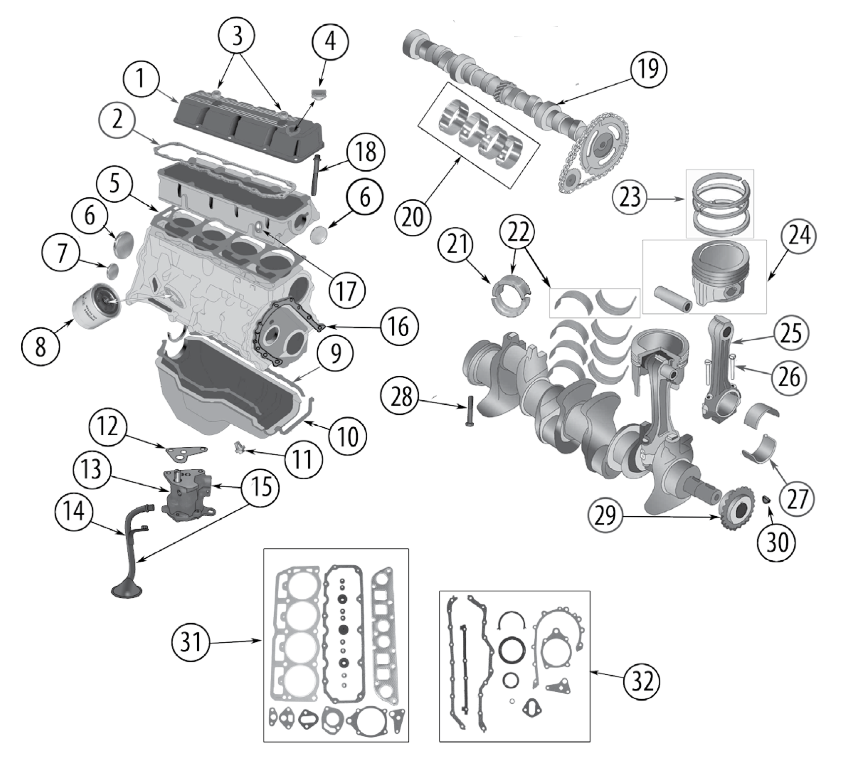 Valve cover, oil pan, crankshaft, and camshaft for the AMC 2.5L. Numbered callouts match the table below.
