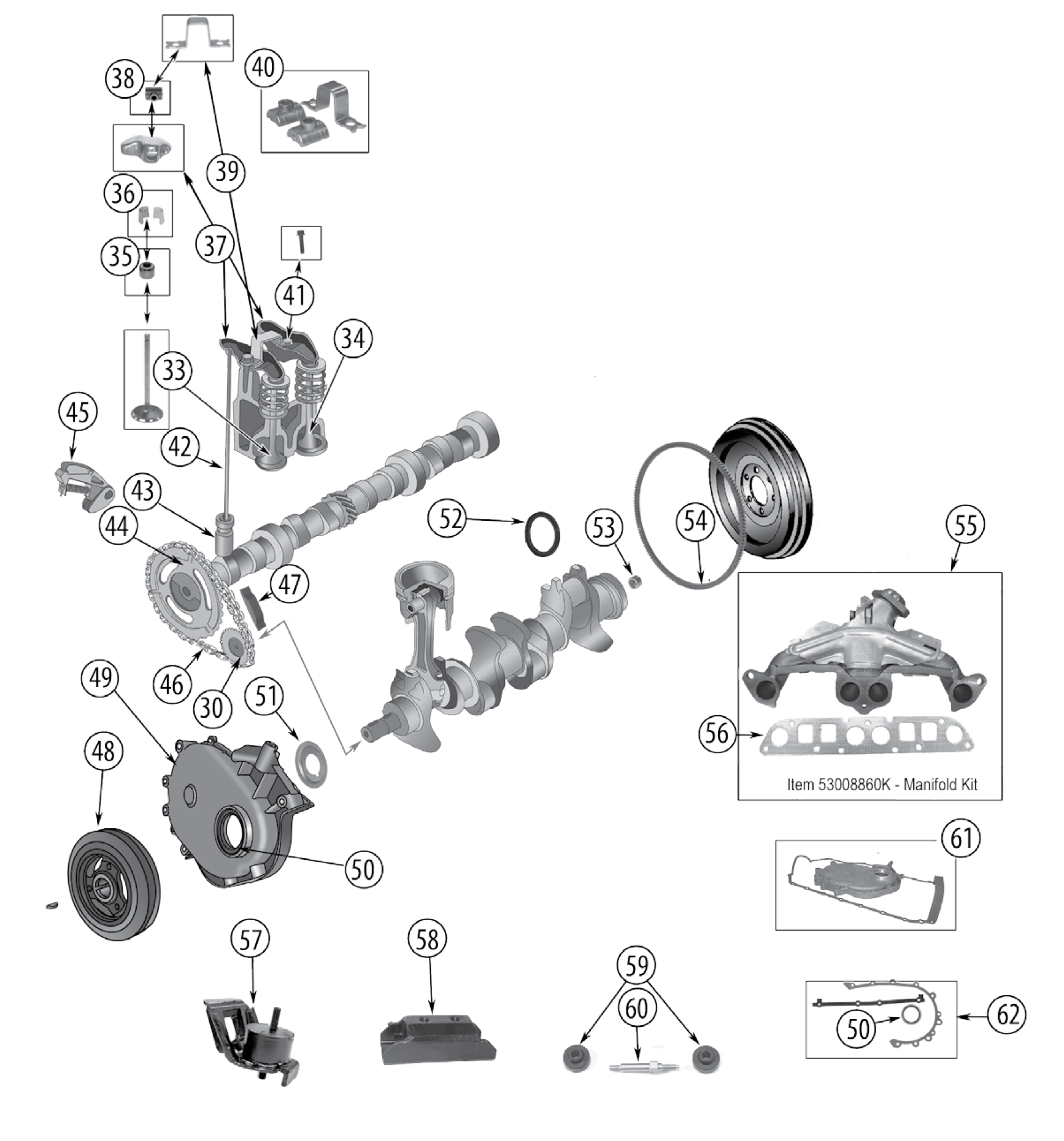 Valvetrain, timing cover, damper, and exhaust manifold for the AMC 2.5L. Numbered callouts match the table below.