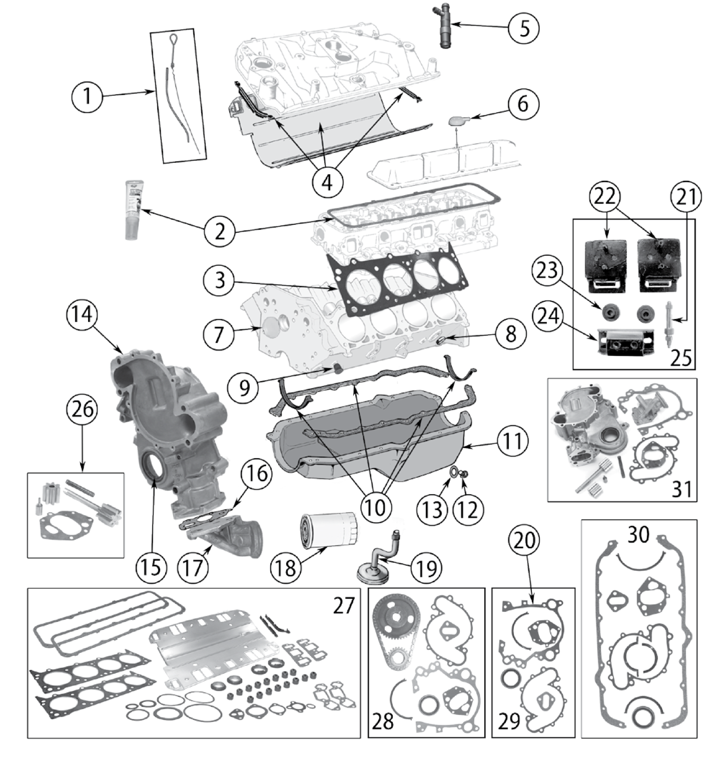 Valve covers, oil pan, timing cover, and gasket sets for the AMC V8. Numbered callouts match the table below.