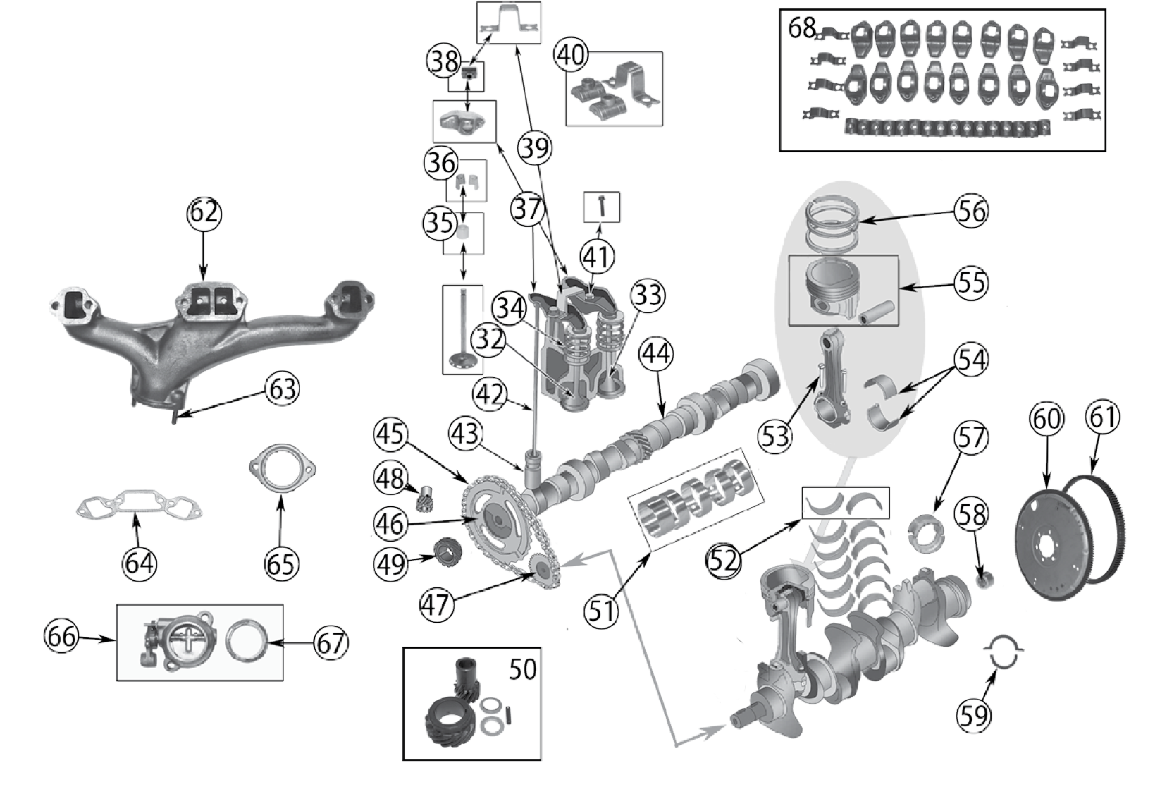 Valvetrain, crankshaft, and exhaust manifolds for the AMC V8. Numbered callouts match the table below.