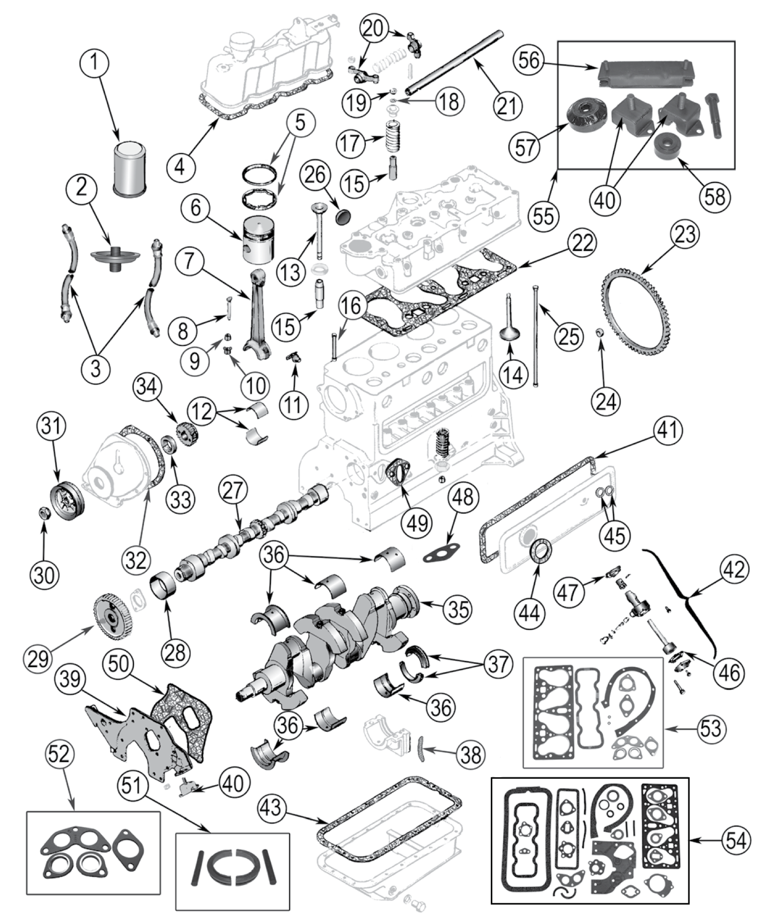 Exploded view of the 4-134 F-Head Hurricane engine. Numbered callouts match the table below.