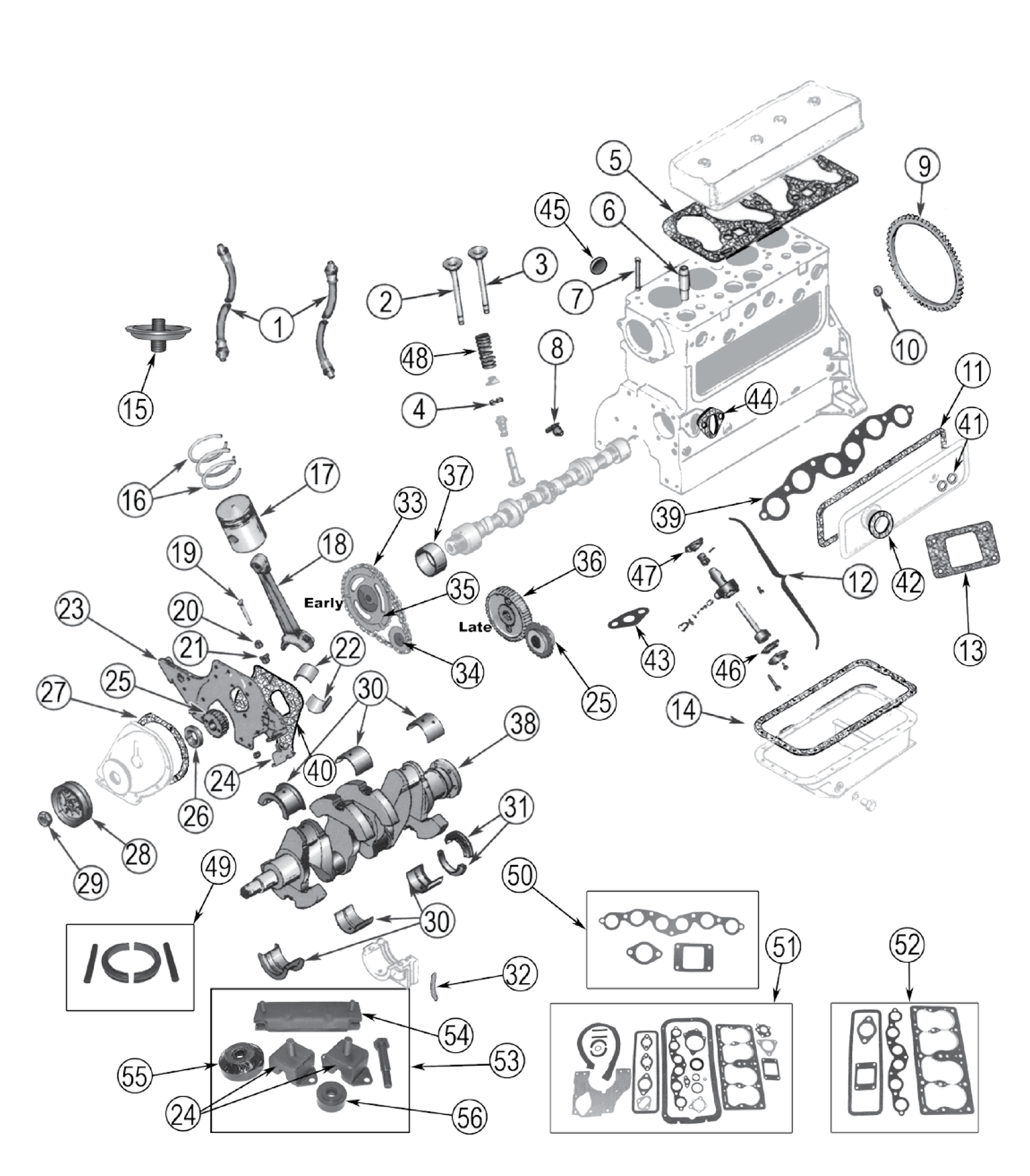 Exploded view of the 4-134 L-Head Go Devil engine. Numbered callouts match the table below.