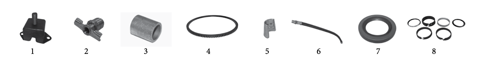 Mount, draincock, pilot bushing, ring gear, valve lock, oil hose, seal, and piston rings for the S6-226. Numbered callouts match the table below.