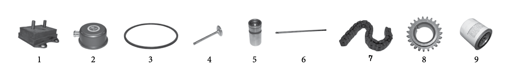 Mount, oil cap, ring gear, valve, lifter, push rod, timing chain, sprocket, and oil filter for the AMC V8-327. Numbered callouts match the table below.
