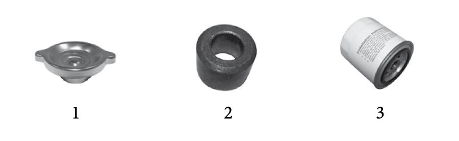 Oil cap, crankshaft pilot bushing, and oil filter for the Buick V8-350. Numbered callouts match the table below.