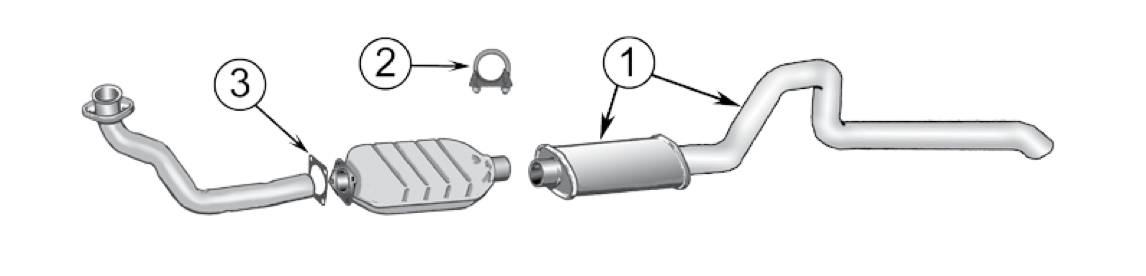 Exhaust system for the GM and AMC 2.5L. Numbered callouts match the table below.