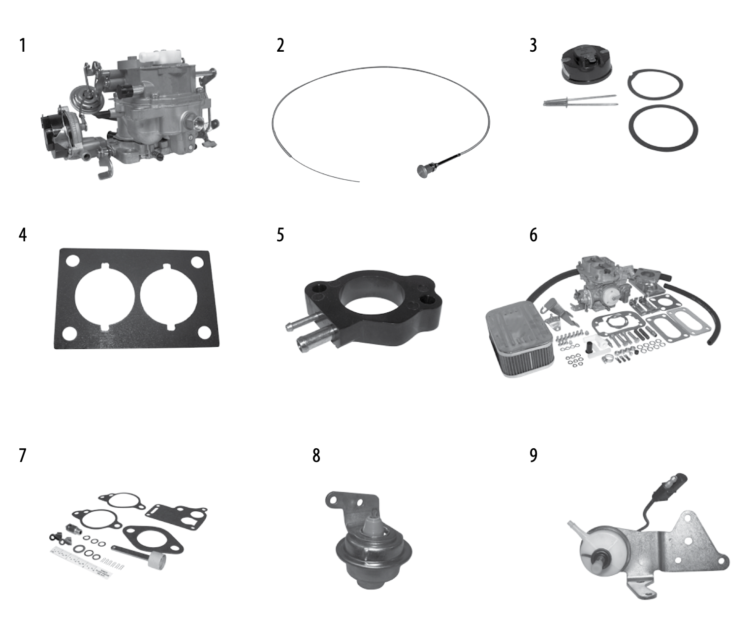 Carburetors, chokes, gaskets, and repair kits. Numbered callouts match the table below.