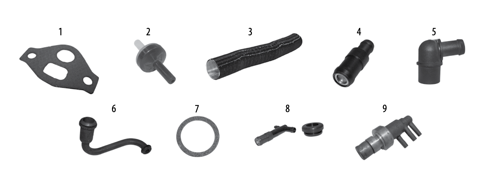 EGR, PCV, and vacuum emission parts. Numbered callouts match the table below.