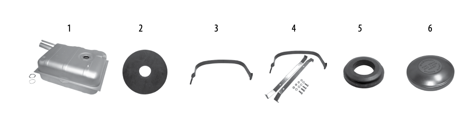 Fuel tanks, isolators, straps, and caps. Numbered callouts match the table below.