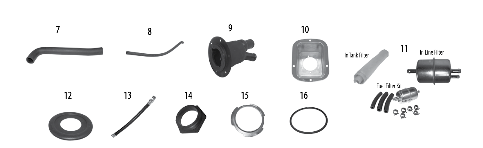 Fuel hoses, filler necks, filters, and sending-unit hardware. Numbered callouts match the table below.