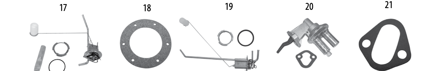 Sending units, fuel pumps, and gaskets. Numbered callouts match the table below.