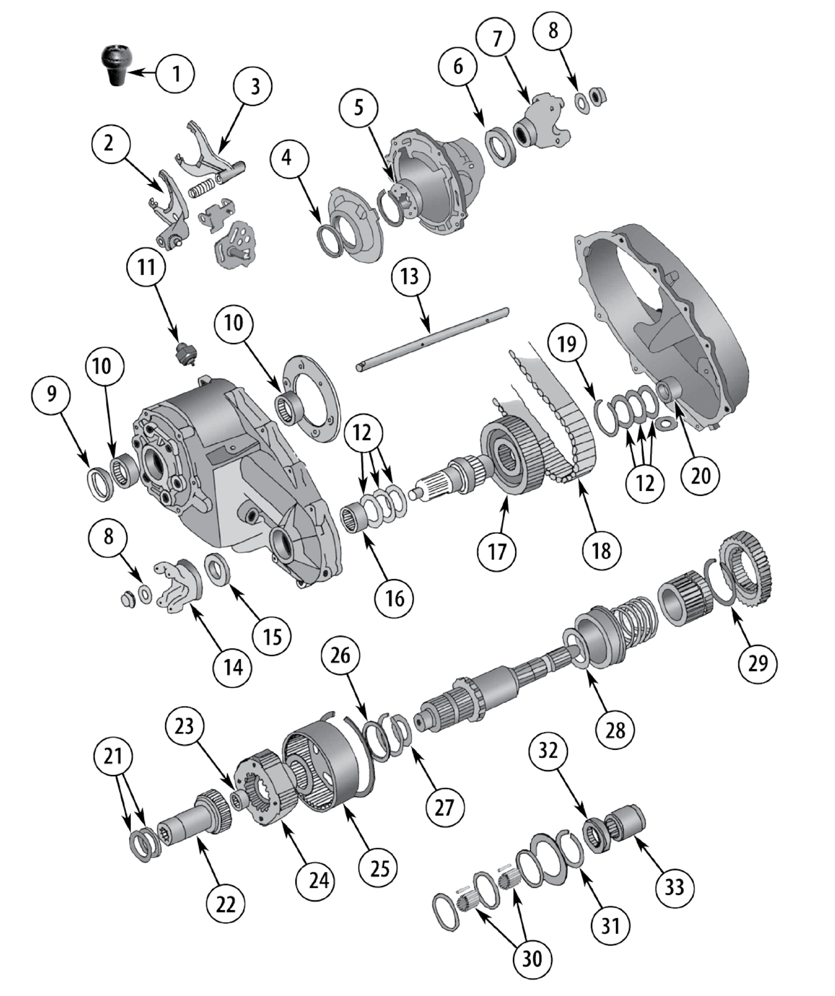 NP208 transfer case. Numbered callouts match the table below.