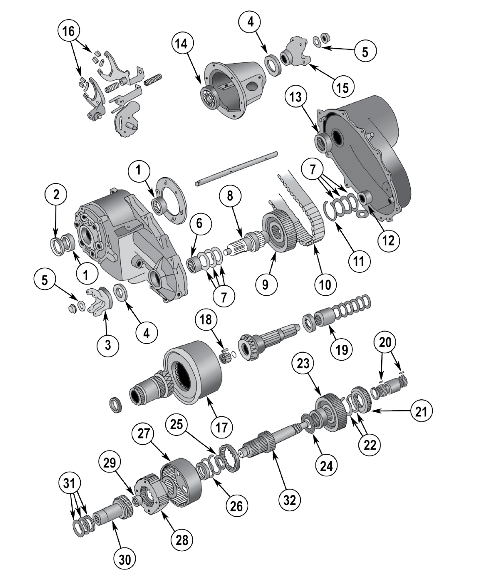 NP219 transfer case. Numbered callouts match the table below.