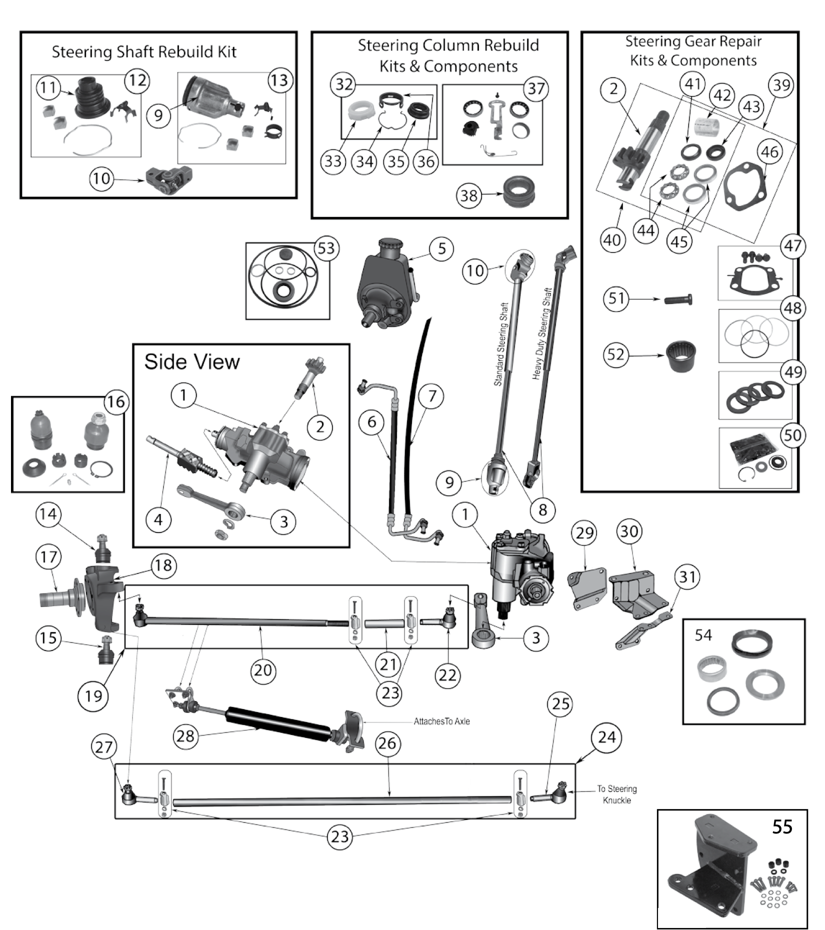Steering shaft, column, and gear parts for 1972-1986 CJ and C104 Commando. Numbered callouts match the table below.