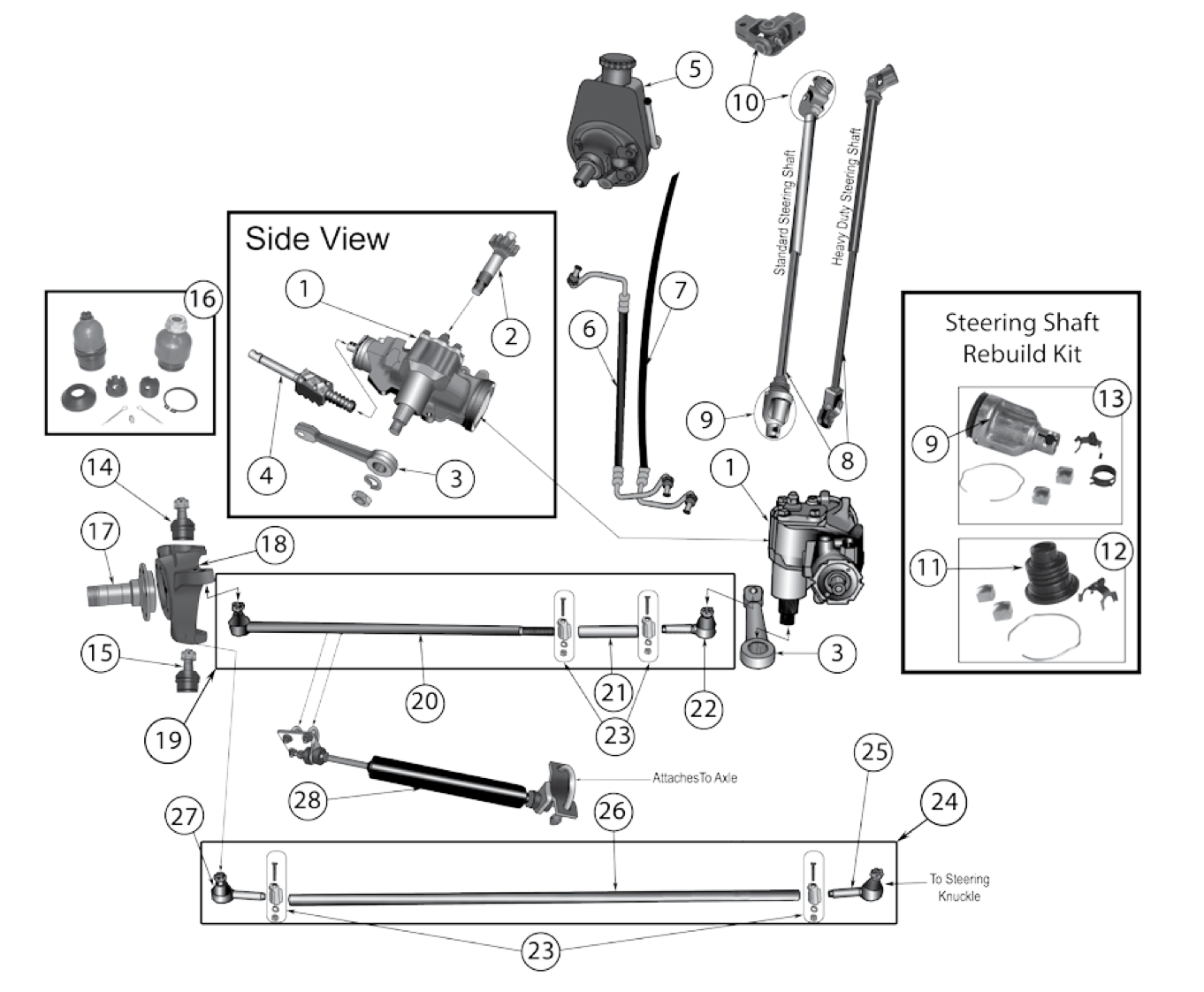 Front mounted steering gear for 1972-1986 CJ and C104 Commando. Numbered callouts match the table below.