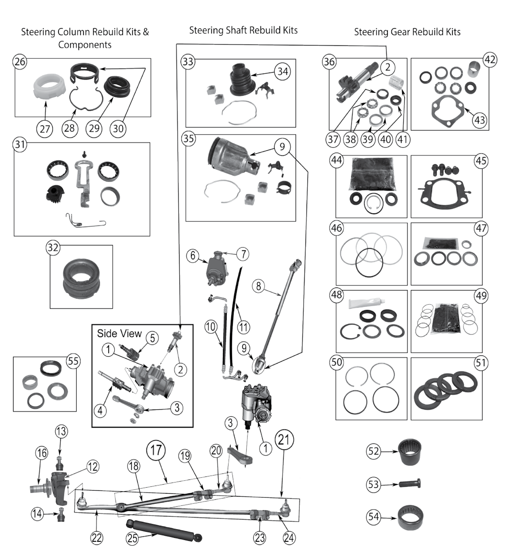 Steering column, shaft, and gear parts for 1965-1991 SJ and J-Series. Numbered callouts match the table below.
