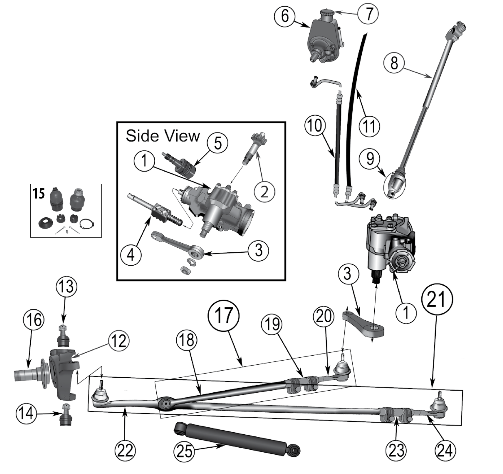Front mounted steering gear for 1965-1991 SJ and J-Series. Numbered callouts match the table below.