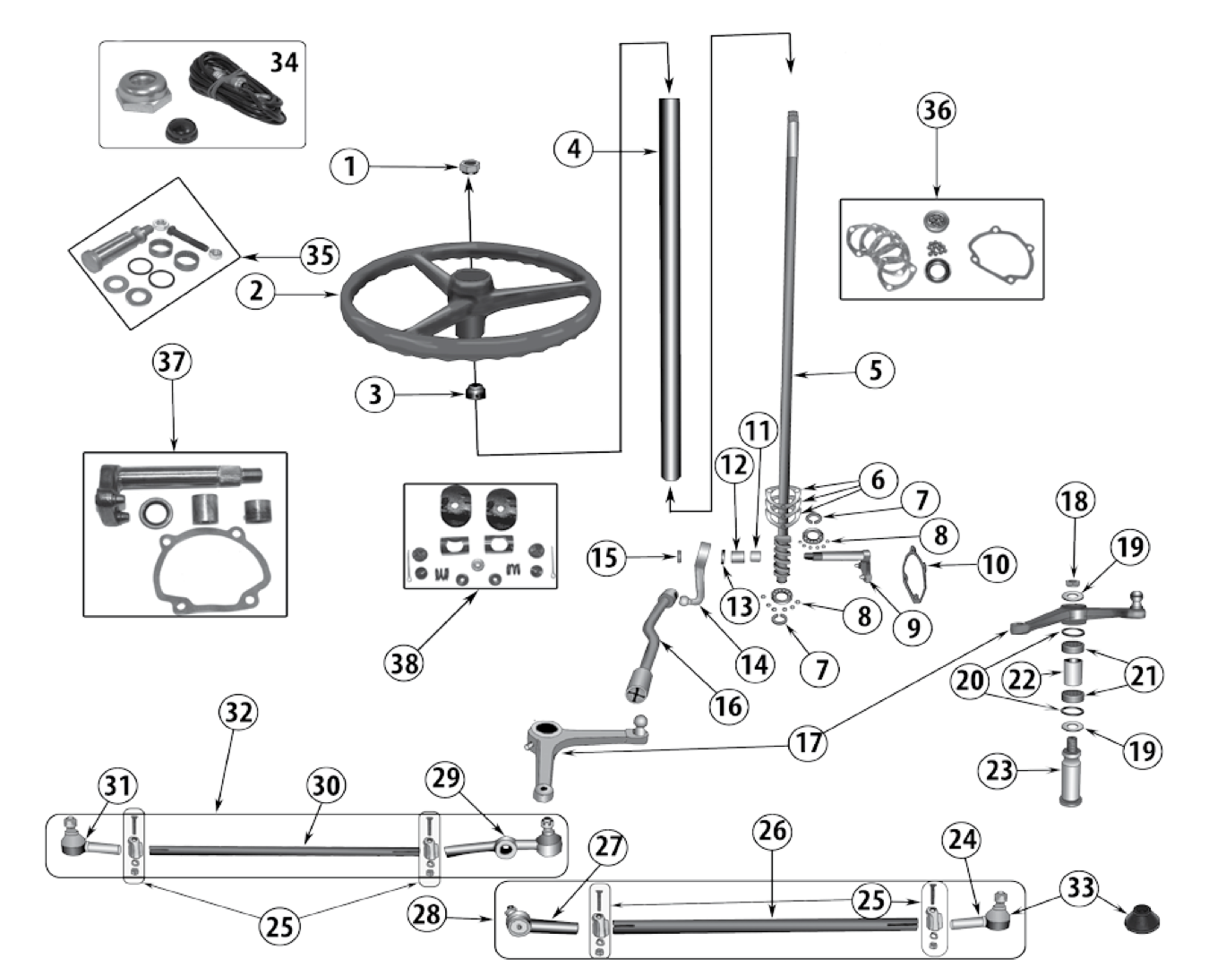 Rear mounted steering gear for 1941-1971 CJ, MB, M38, and FC. Numbered callouts match the table below.