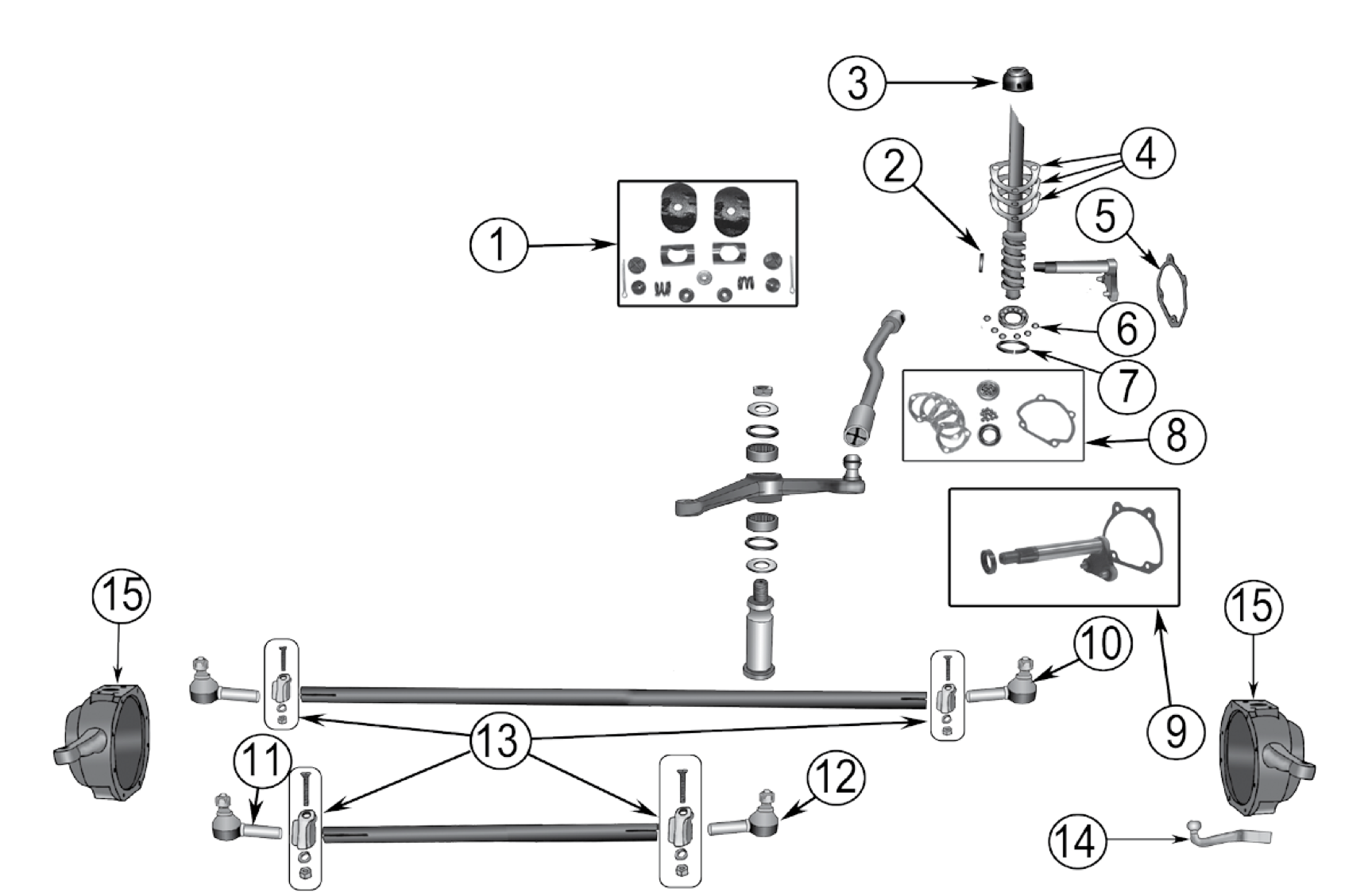 Rear mounted steering gear for 1946-1965 Willys wagons and pickups. Numbered callouts match the table below.