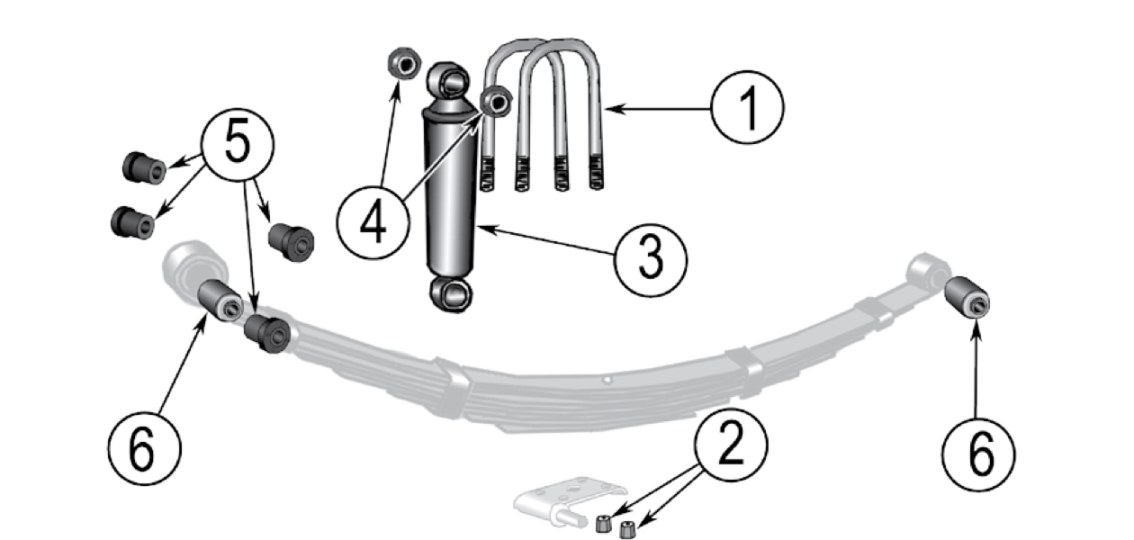 Leaf springs and shocks for the C101 and C104 Commando. Numbered callouts match the table below.