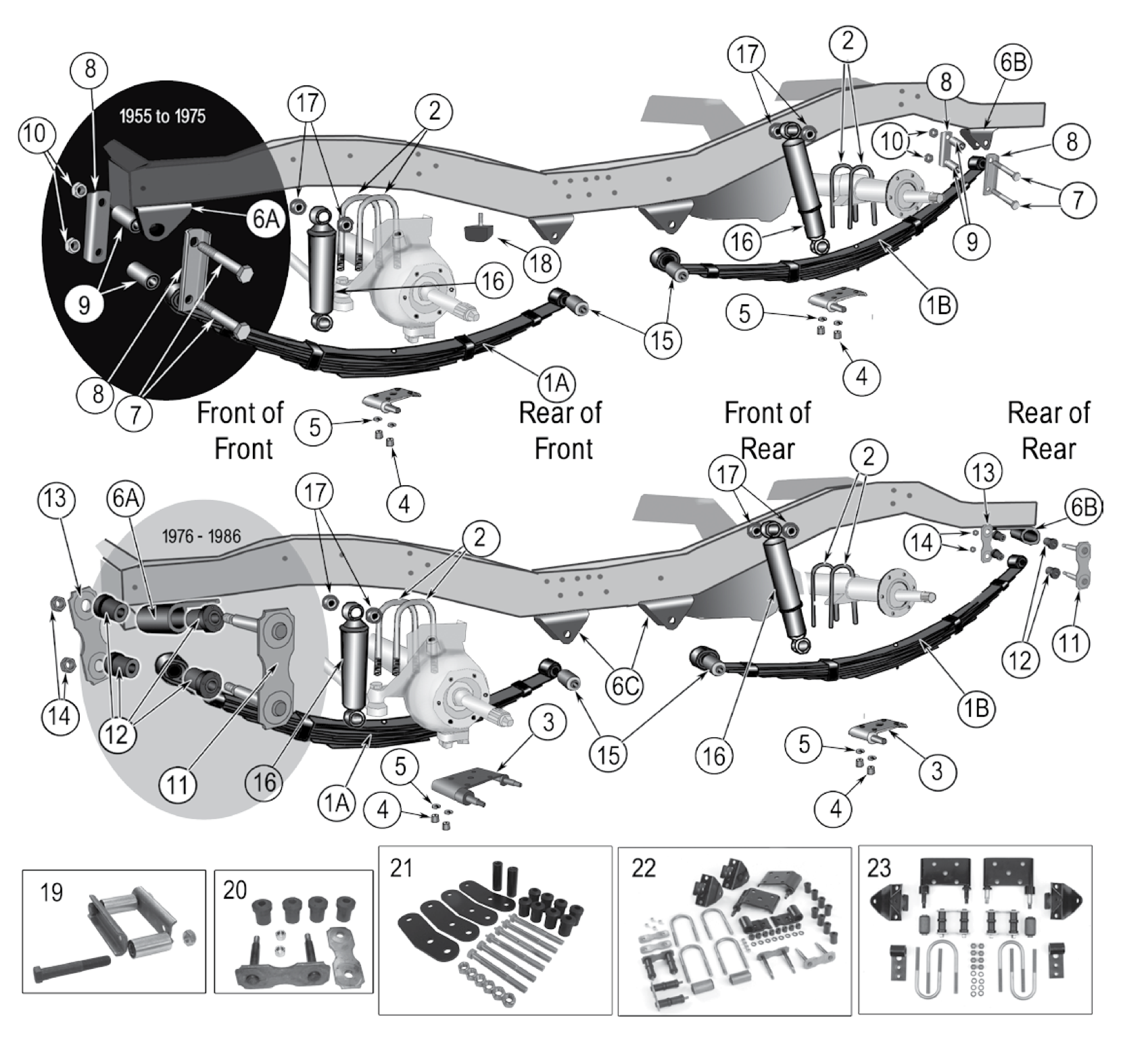 Leaf springs and shackles for 1955-1986 CJ-5, CJ-6, CJ-7, and CJ-8. Numbered callouts match the table below.
