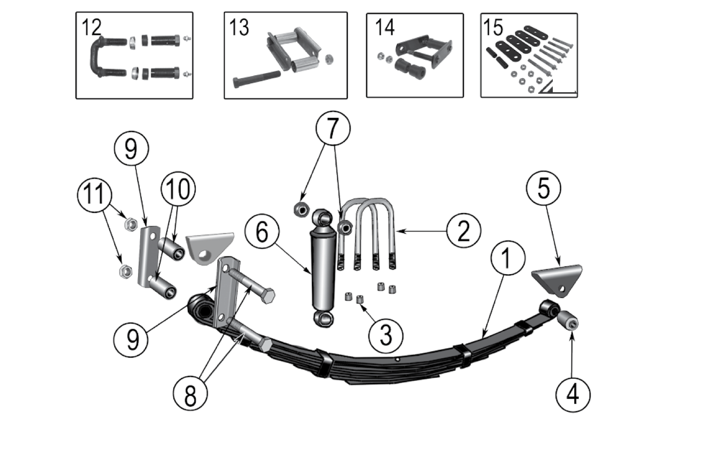 Leaf springs and shackles for Willys station wagons, delivery sedans, and pickups. Numbered callouts match the table below.