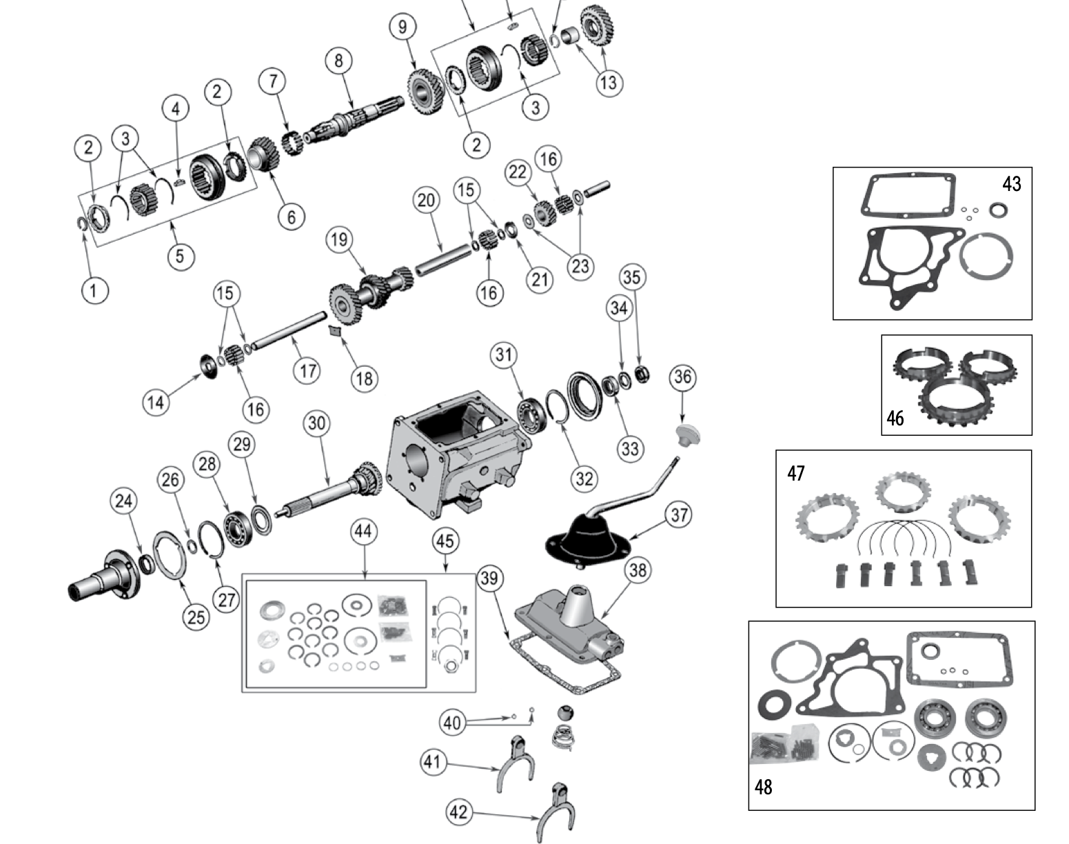 Borg-Warner T14 3-speed transmission. Numbered callouts match the table below.