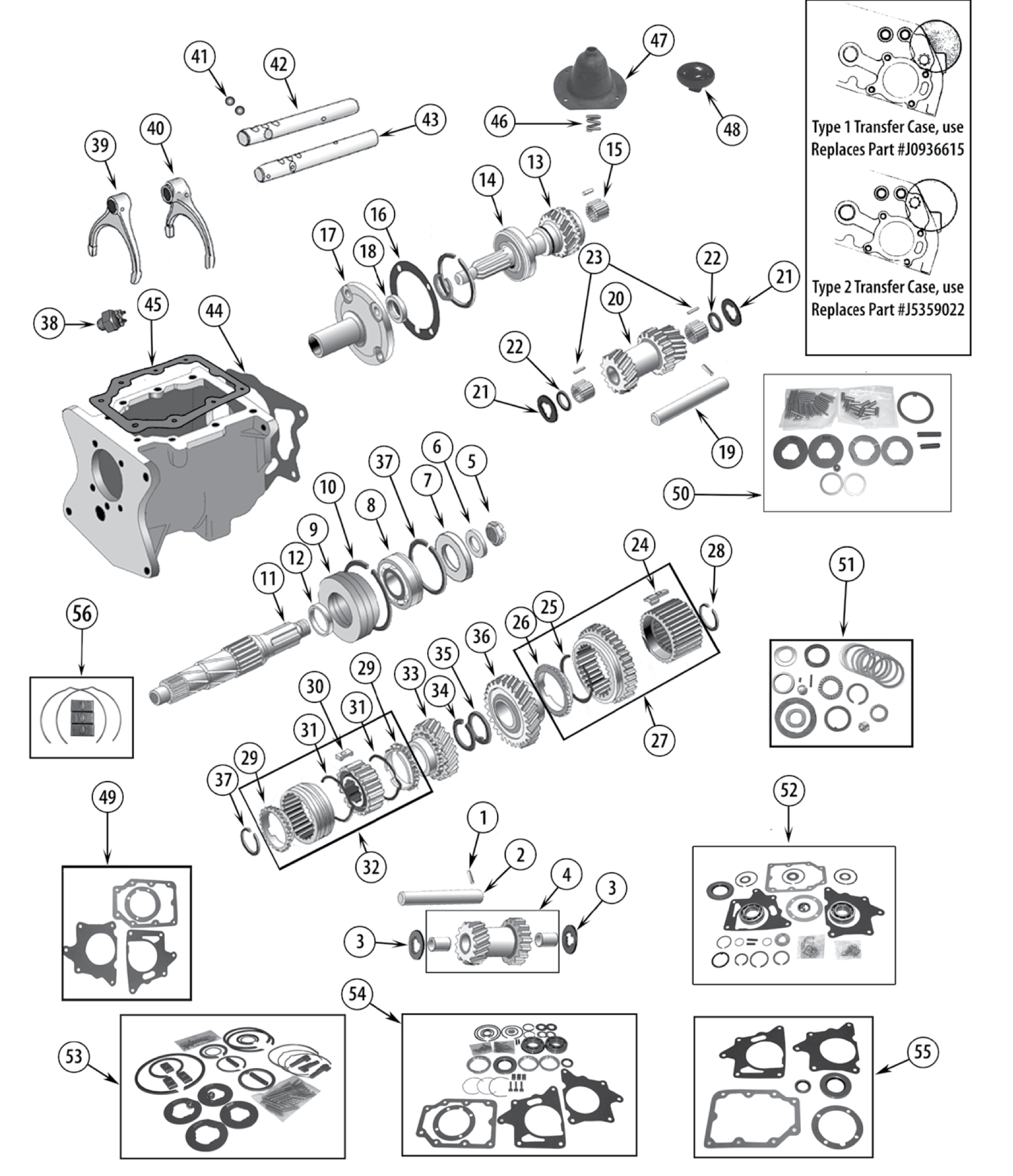 Tremec T150 3-speed transmission. Numbered callouts match the table below.