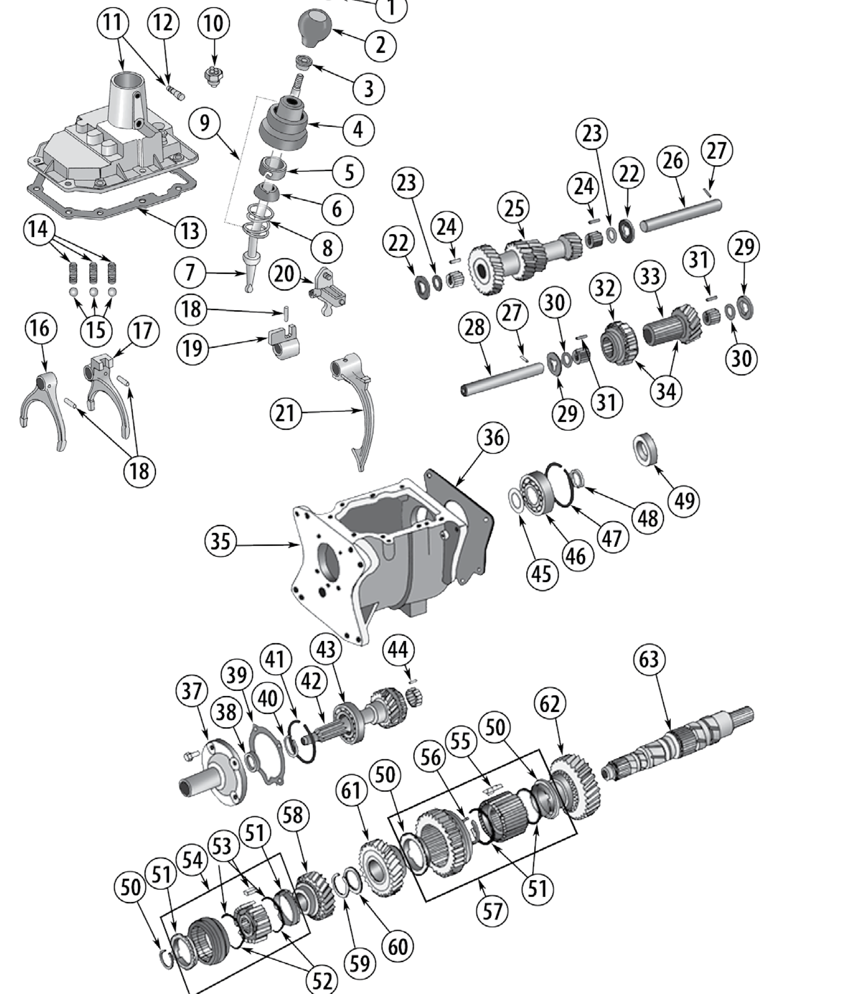 Tremec T176 and T177 4-speed transmission. Numbered callouts match the table below.
