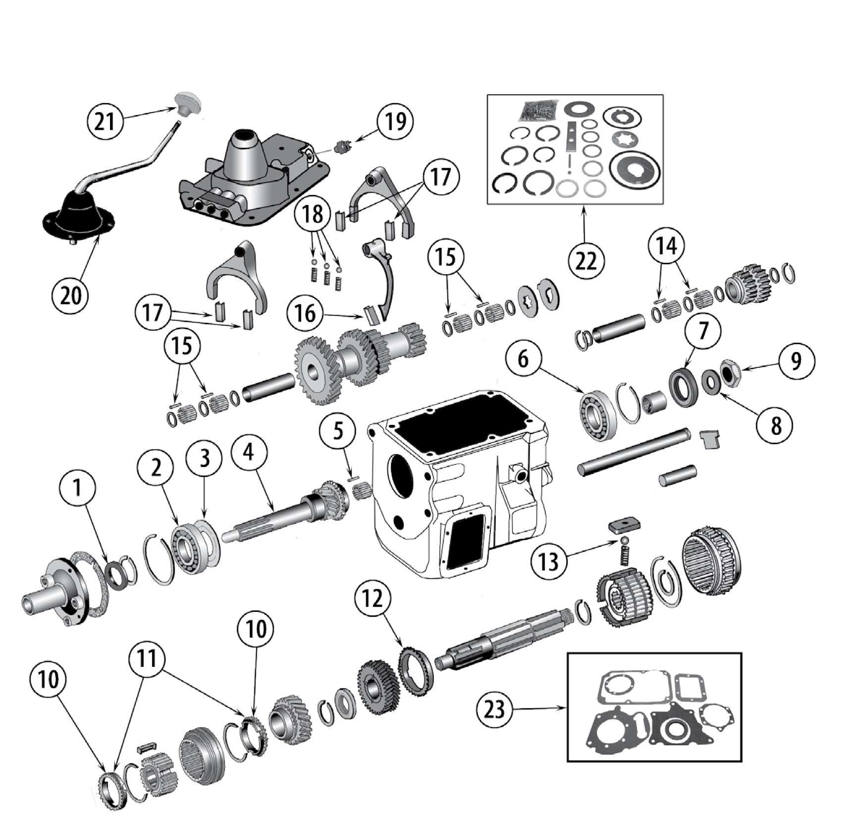 Borg-Warner T18 4-speed transmission. Numbered callouts match the table below.