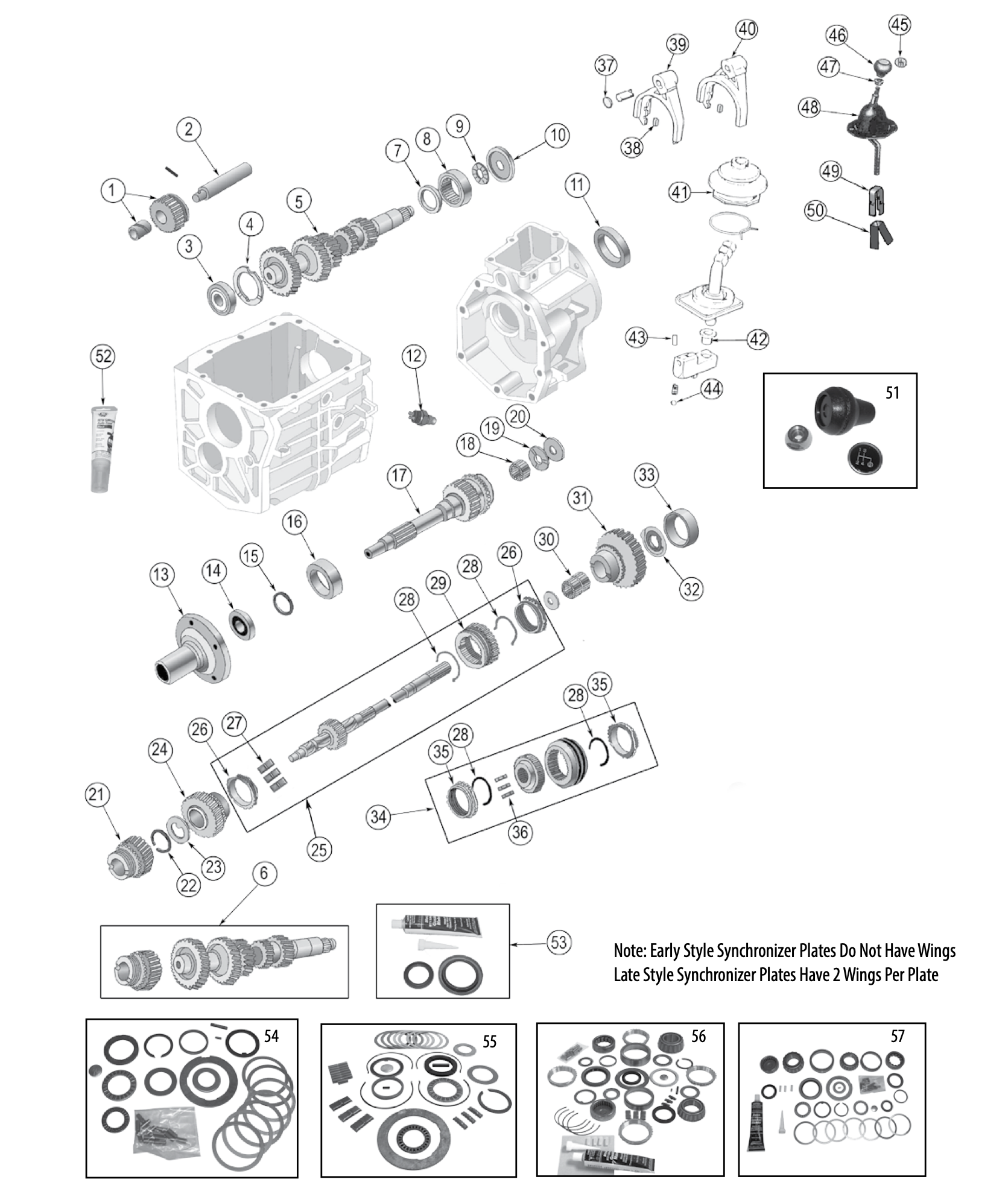 Borg-Warner T4 4-speed transmission. Numbered callouts match the table below.