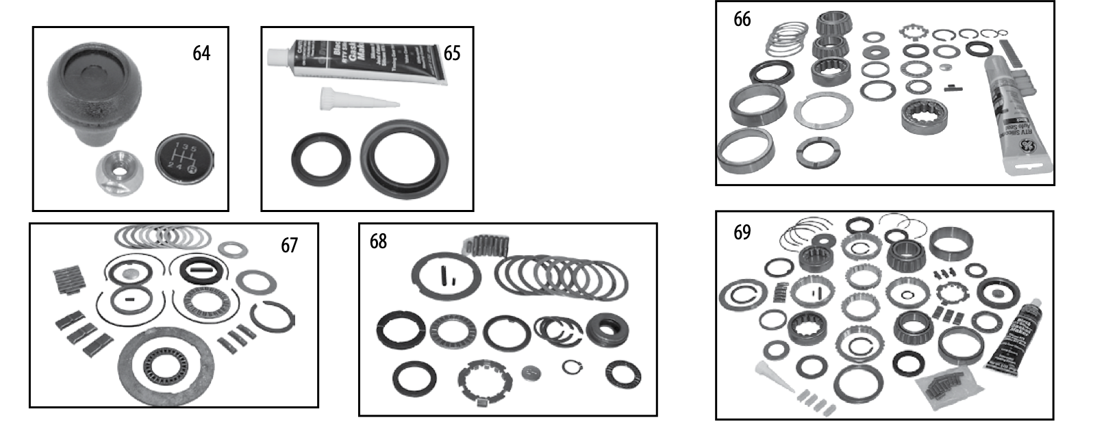 Borg-Warner T5 shift knob, sealant, and small parts kits. Numbered callouts match the table below.
