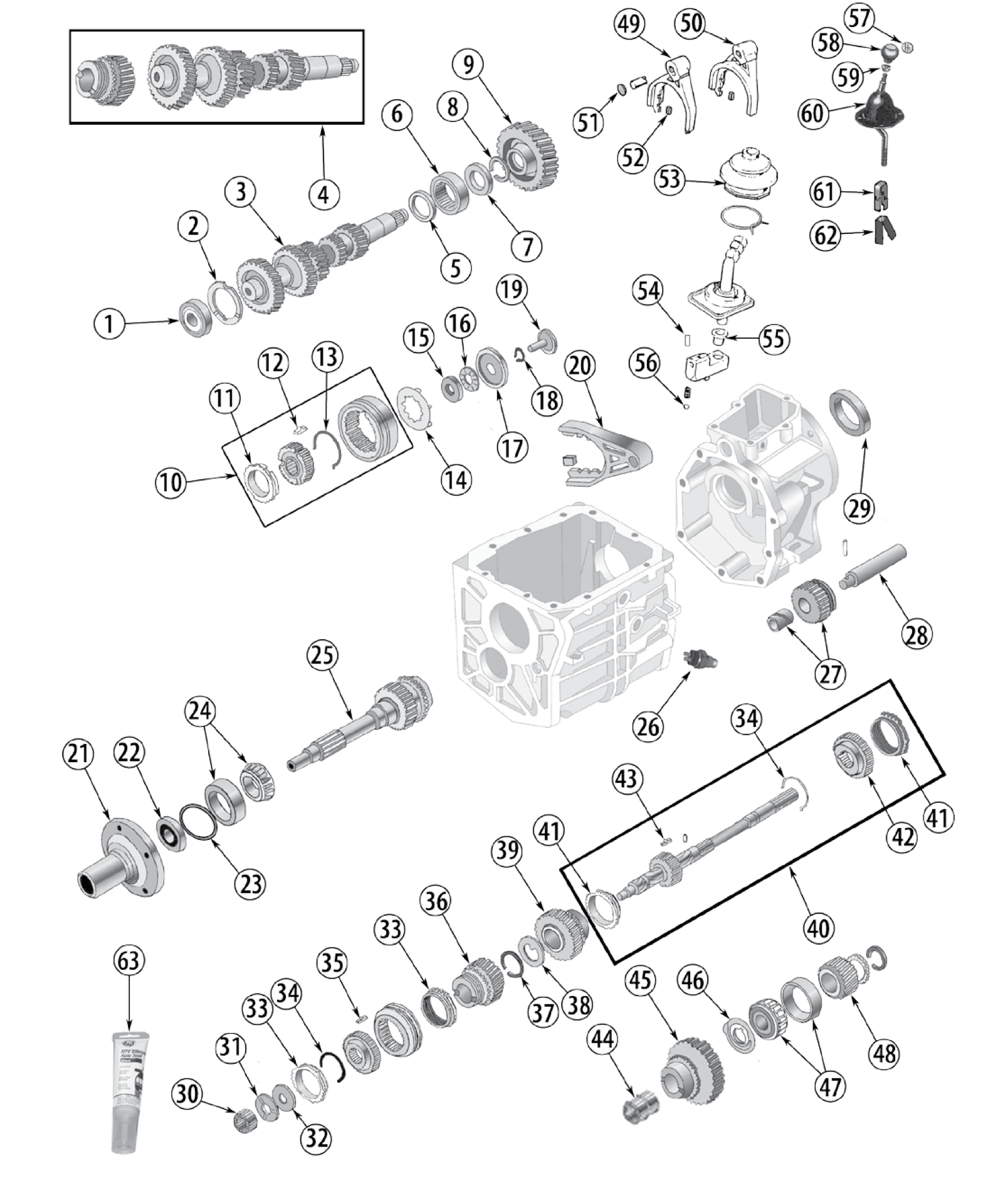 Borg-Warner T5 5-speed transmission. Numbered callouts match the table below.