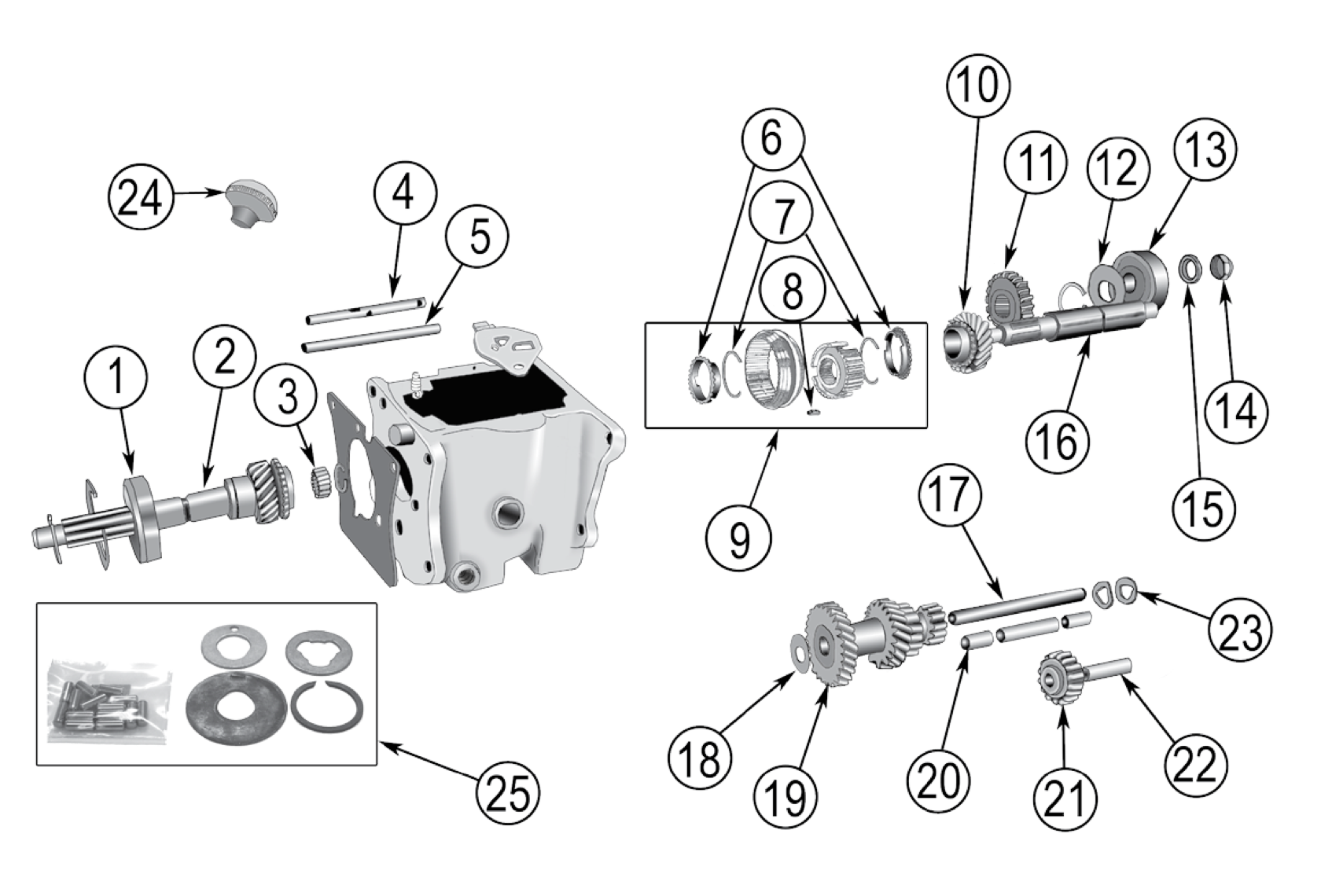Borg-Warner T84 3-speed transmission. Numbered callouts match the table below.