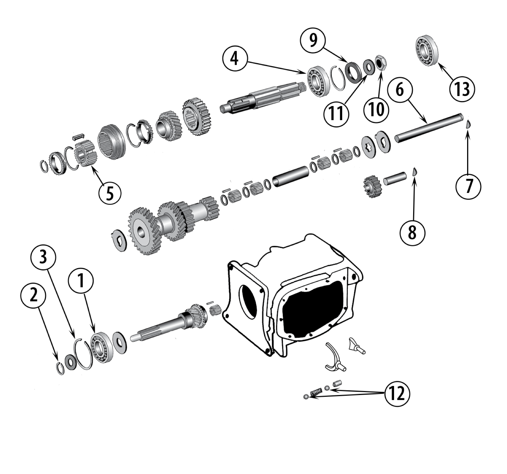 Borg-Warner T85 3-speed transmission. Numbered callouts match the table below.