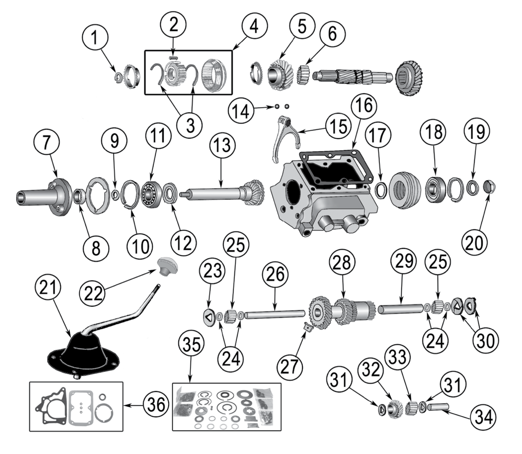 Borg-Warner T86 3-speed transmission. Numbered callouts match the table below.