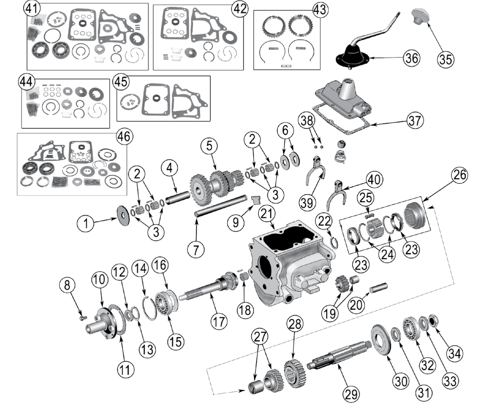Borg-Warner T90 3-speed transmission. Numbered callouts match the table below.