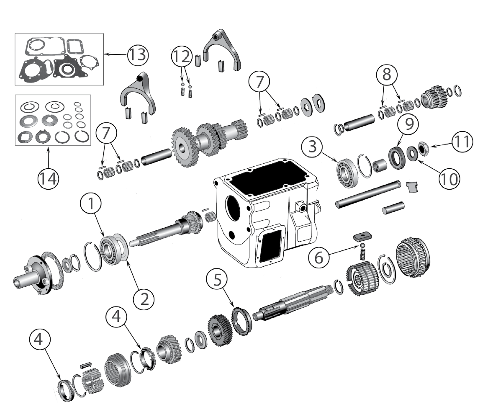 Borg-Warner T98 4-speed transmission. Numbered callouts match the table below.