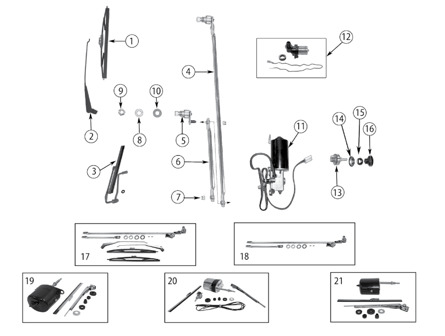 Wiper blades, arms, linkage, motor, switch, and kits. Numbered callouts match the table below.