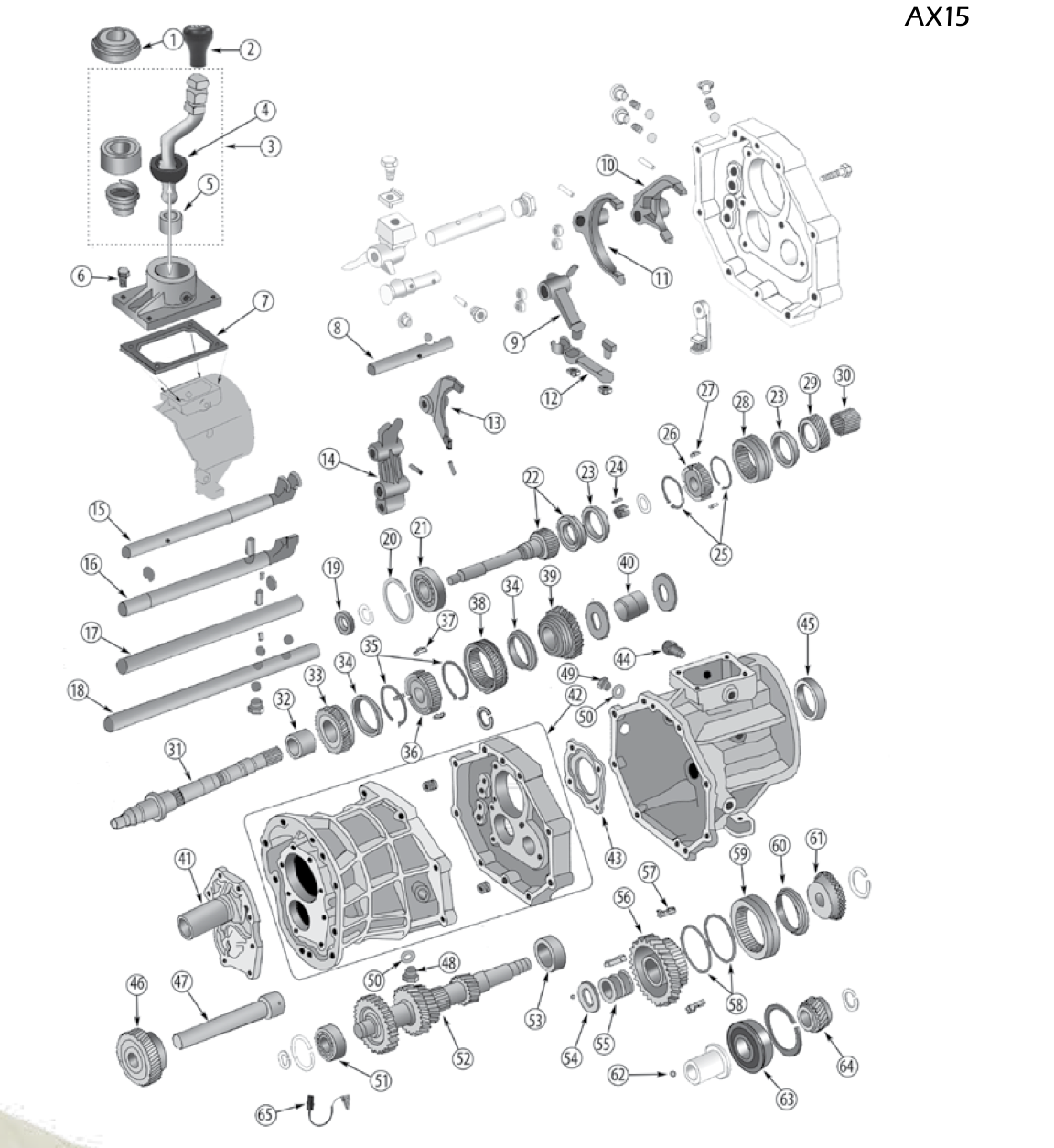 YJ ax15 parts. Numbered callouts match the table below.