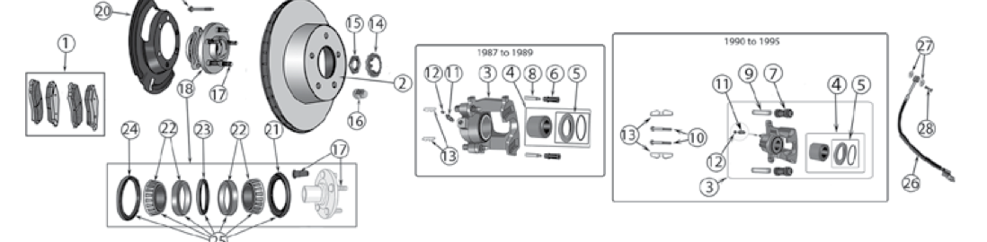 YJ front brakes parts. Numbered callouts match the table below.
