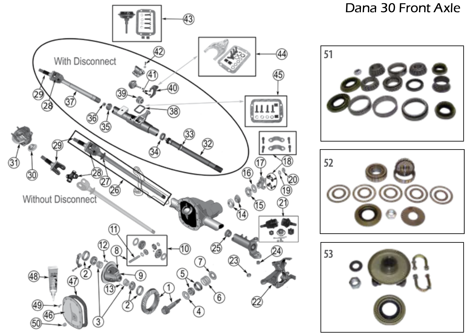 Exploded diagram and parts kits for the YJ Dana 30 front axle. Numbered callouts match the table below.