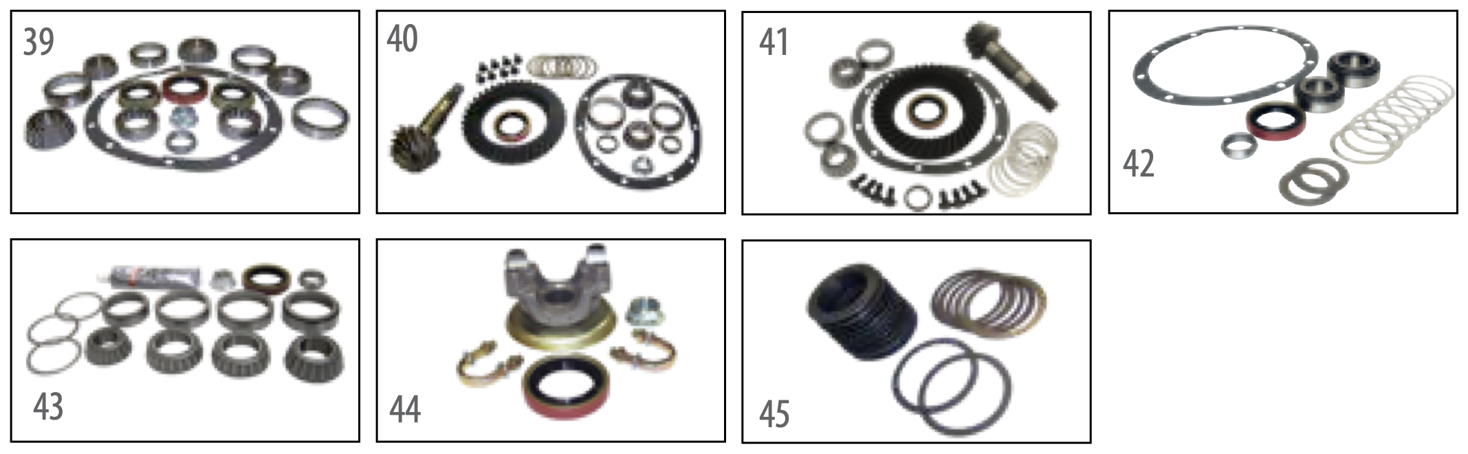 YJ Dana 35 rear axle parts kits. Numbered callouts match the table below.