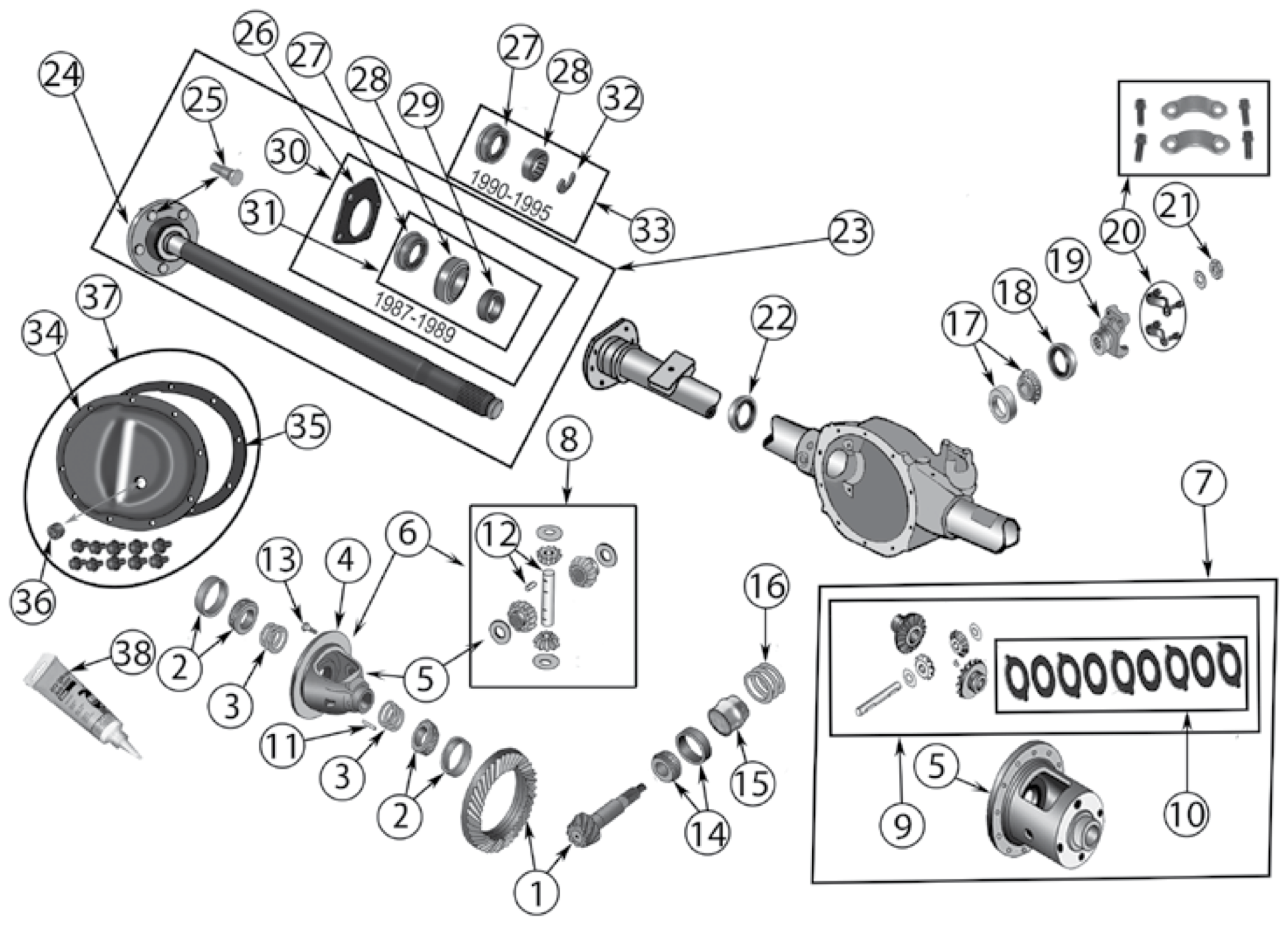 Exploded diagram of the YJ Dana 35 rear axle. Numbered callouts match the table below.